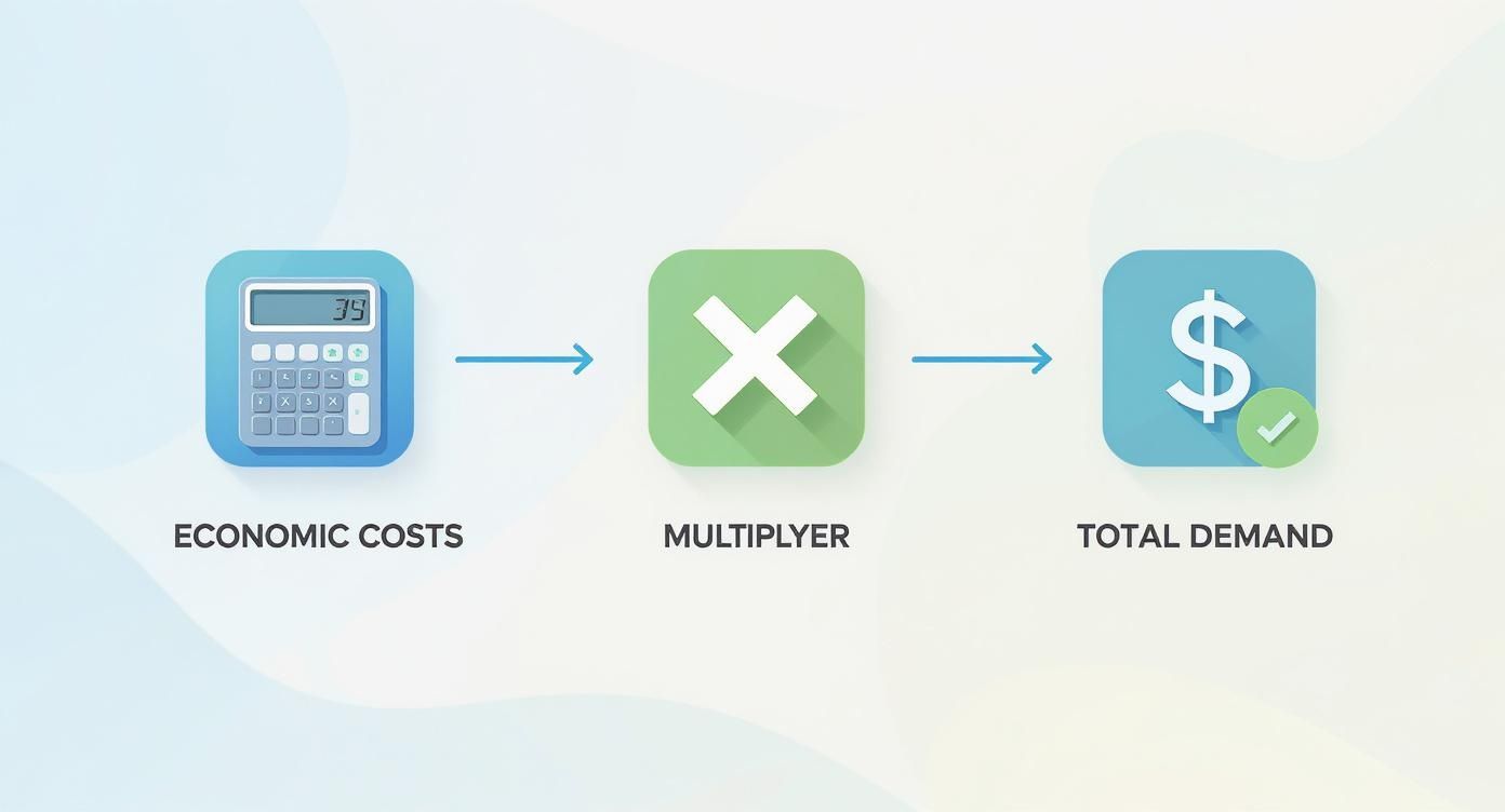 Diagram illustrating economic costs multiplied by a multiplier to calculate total demand.