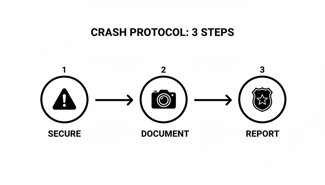 A 3-step crash protocol flowchart: secure, document, and report with corresponding icons.
