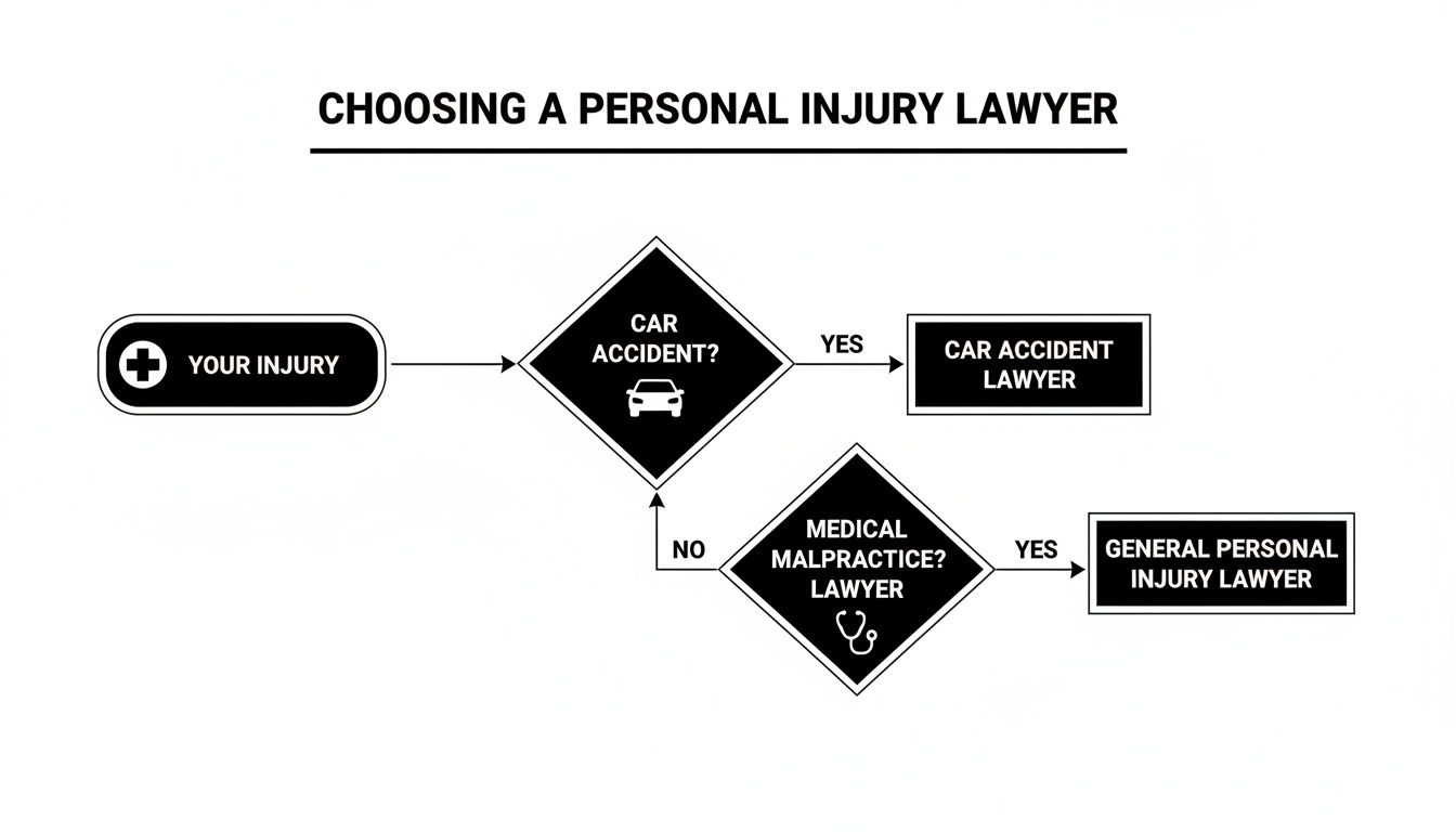 Decision flowchart illustrating how to select a personal injury lawyer for different injury types.
