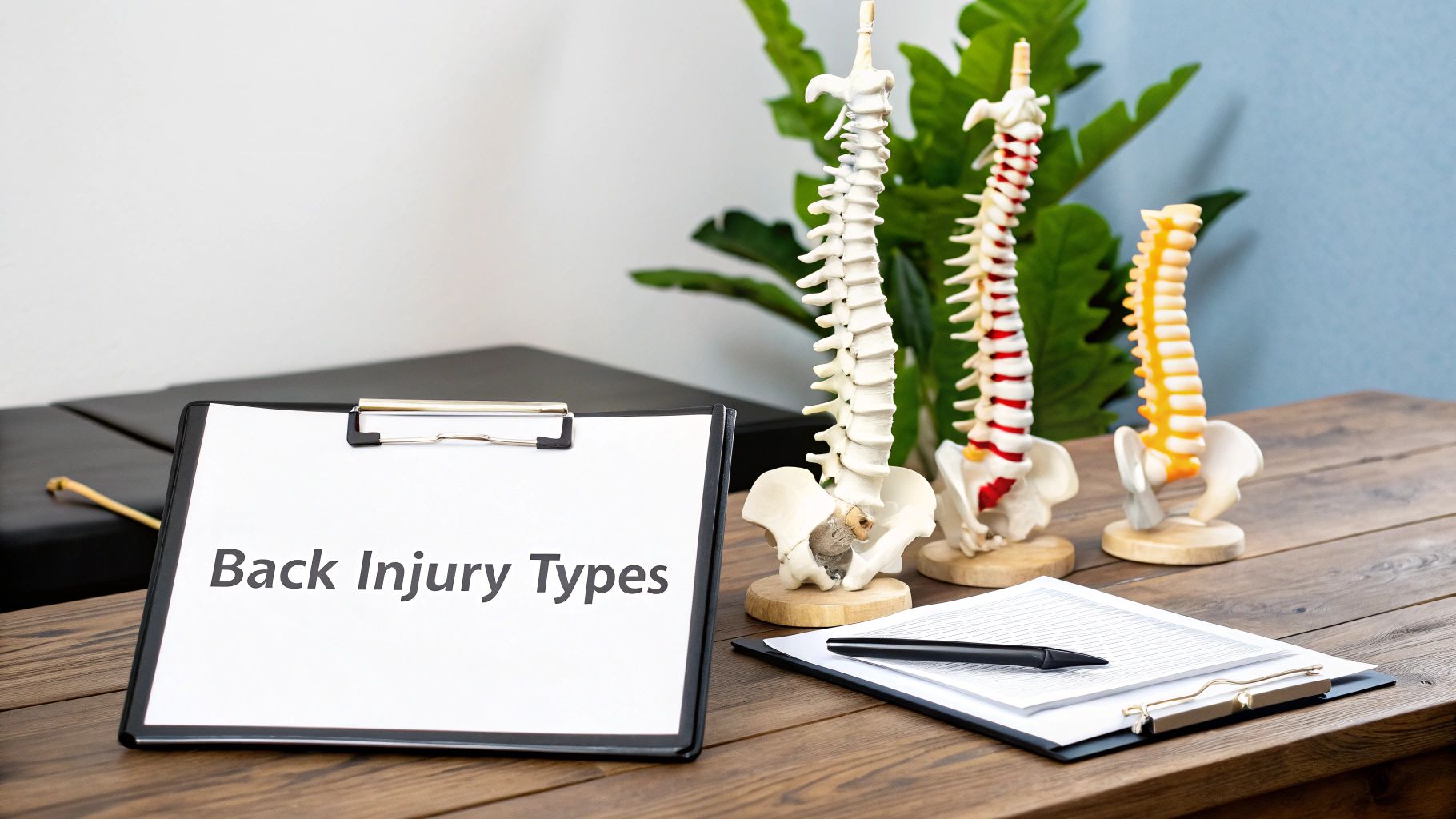 Anatomical illustration of different types of back injuries