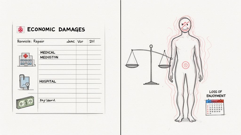 An illustration comparing economic damages for medical expenses and lost wages with non-economic damages for pain and loss of enjoyment.