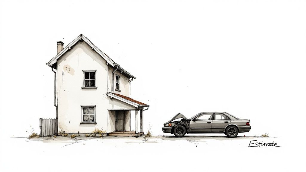 A watercolor drawing of a damaged house next to a gray car with its hood open, implying an incident.