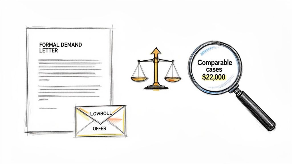 Illustration of a formal demand letter, lowball offer, scales of justice, and comparable cases at $22,000.