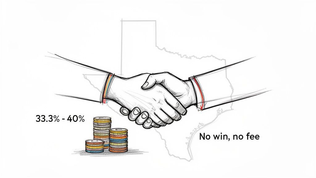 Illustration of a handshake over Texas, showing 33.3%-40% contingency fees and 'no win, no fee' arrangement.
