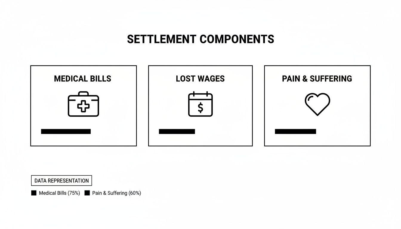 Visual breakdown of settlement components including medical bills, lost wages, and pain and suffering with icons.