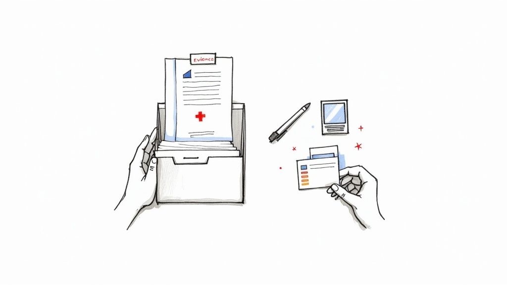 Two hands interacting with a file folder containing evidence documents with a medical cross, and holding identification cards.