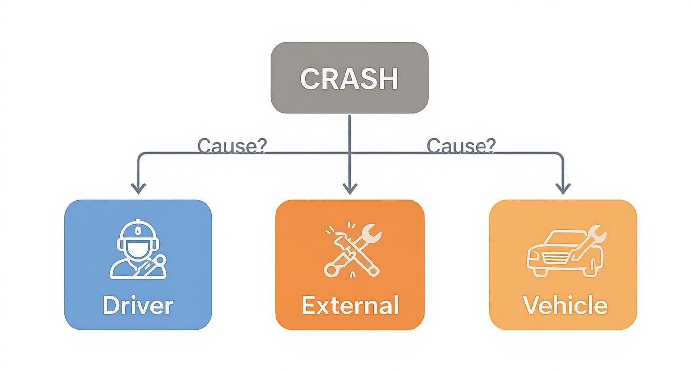 Diagram showing three main causes of car crashes: driver error, external factors, and vehicle problems