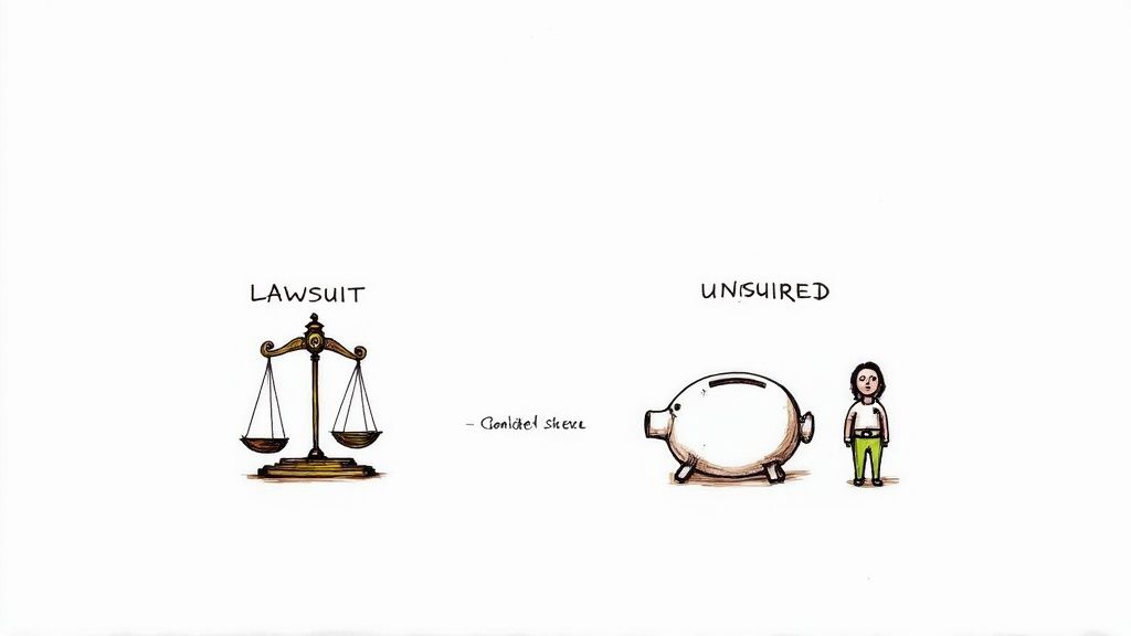 A cartoon depicts a balance scale labeled 'LAWSUIT' and a piggy bank with a person labeled 'UNINSURED'.
