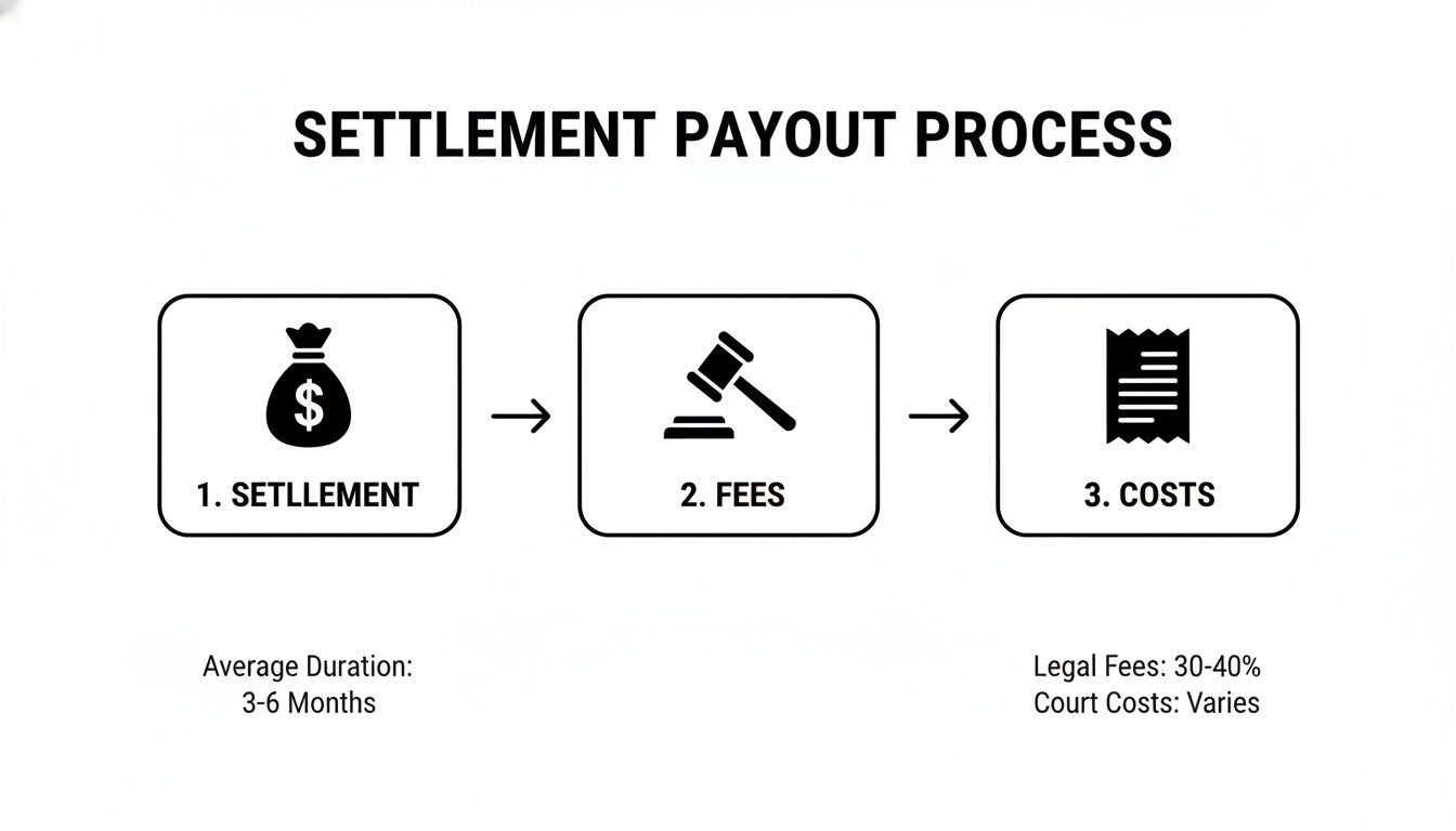 Flowchart illustrating the settlement payout process: settlement, fees, and costs, with associated durations.
