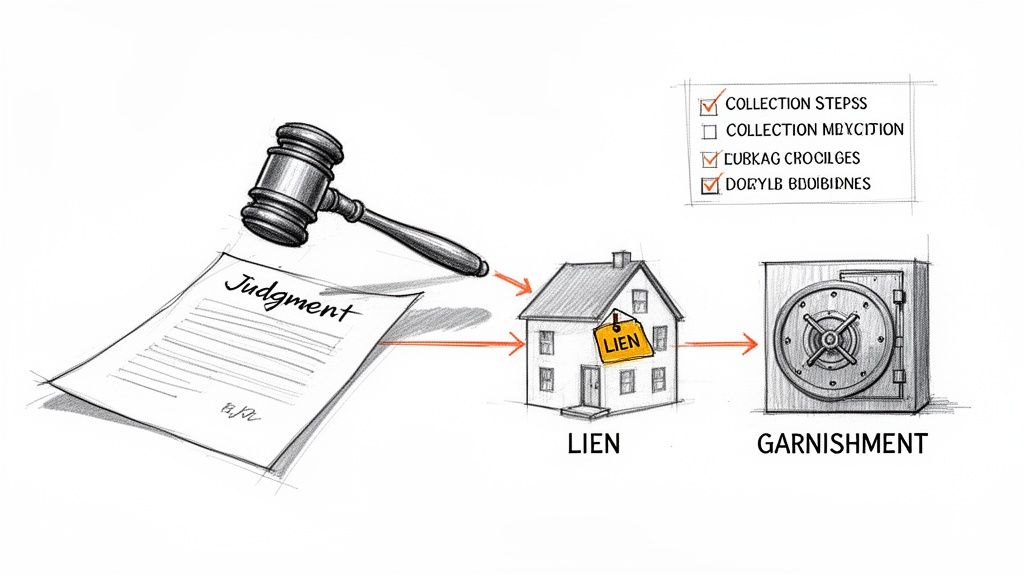 Illustration showing a legal judgment leading to a house lien and eventual bank garnishment.