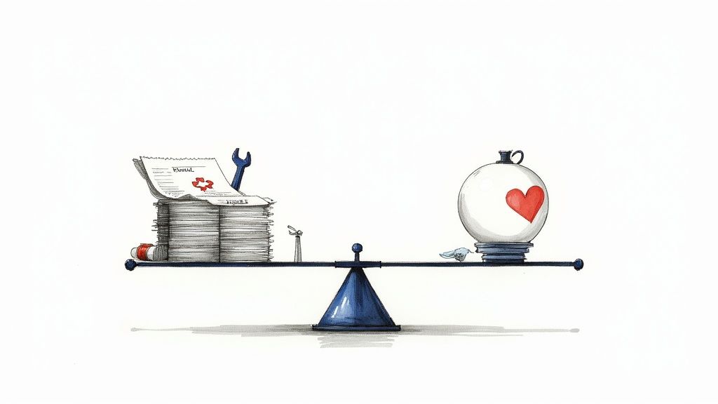 A scale balances a stack of documents and tools against a white sphere containing a red heart.