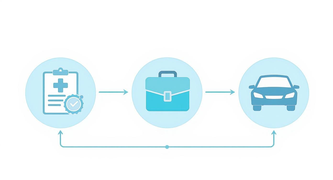 Infographic showing the process of gathering documents for medical, work, and vehicle-related damages in a car accident claim.
