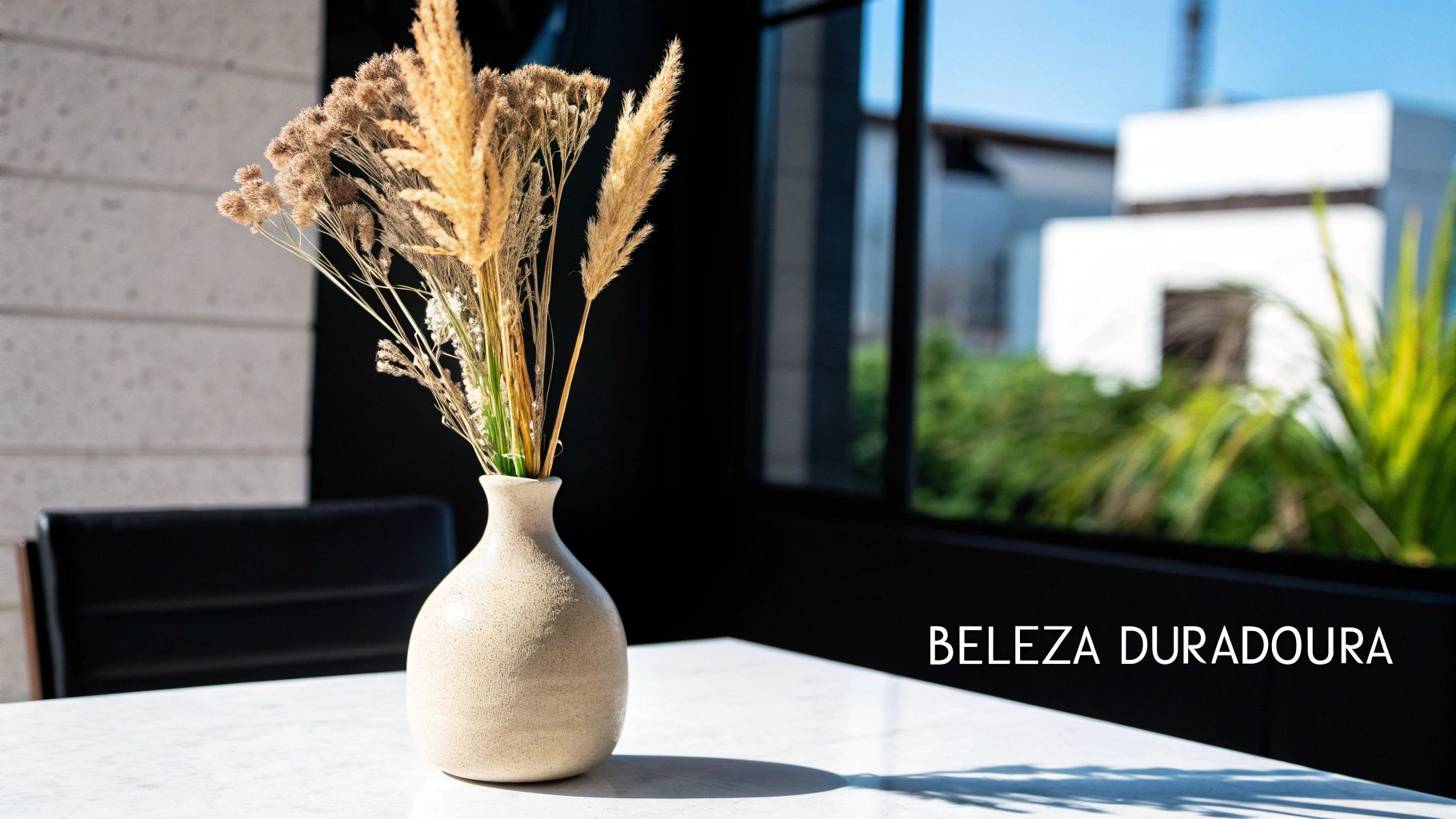 Vaso de cerâmica bege com flores secas decorativas sobre mesa branca em ambiente moderno iluminado