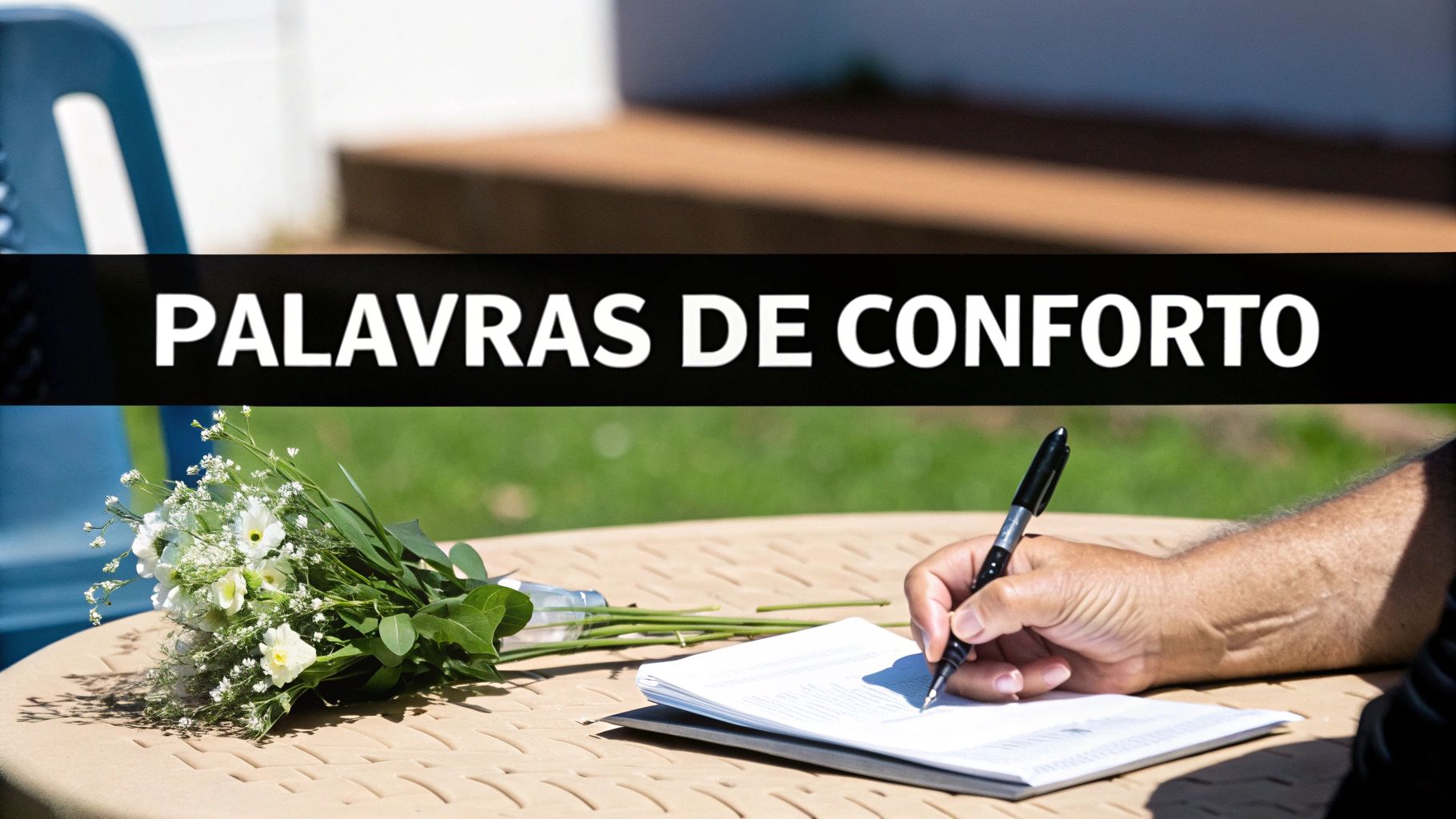 Mão escrevendo em um caderno ao lado de um buquê de flores brancas, com o texto 'PALAVRAS DE CONFORTO'.