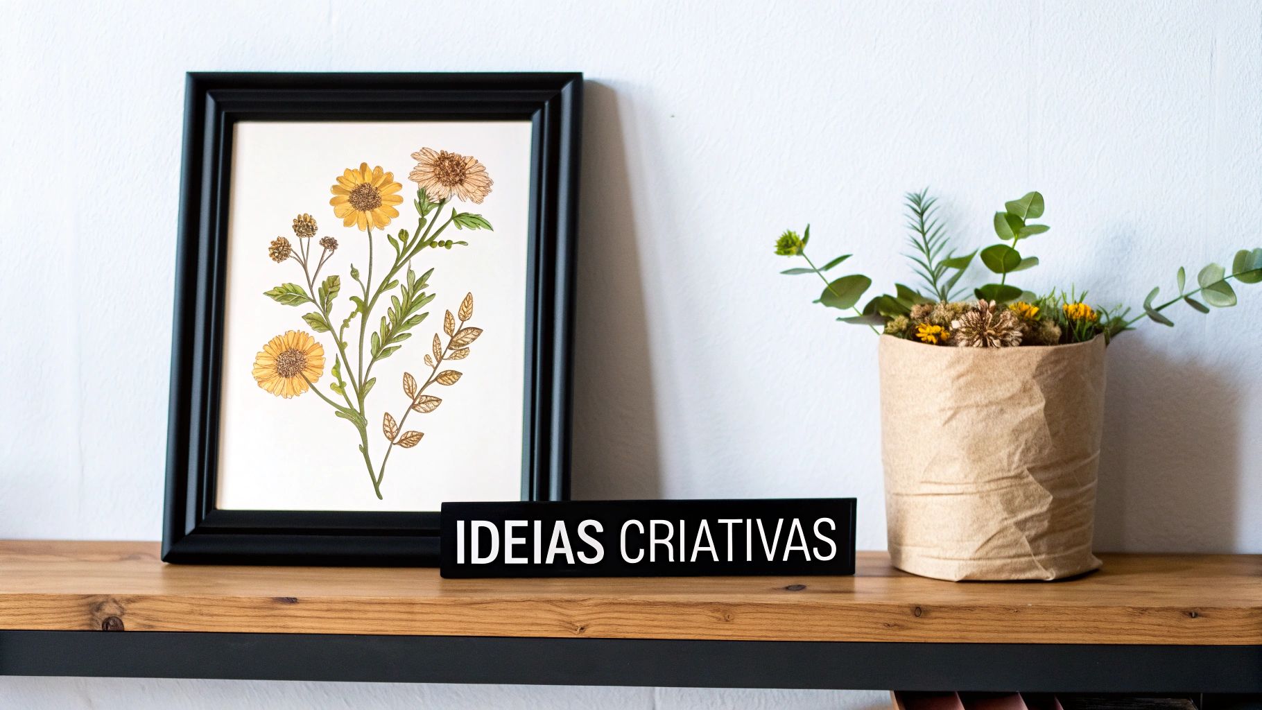 Quadro decorativo com flores secas amarelas e arranjo floral em vaso com texto ideias criativas