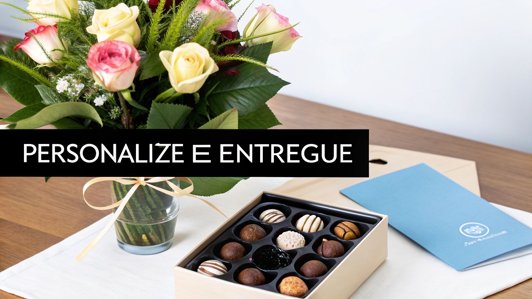 Bouquet de rosas coloridas e caixa de chocolates sortidos em mesa de madeira. Texto: PERSONALIZE E ENTREGUE.