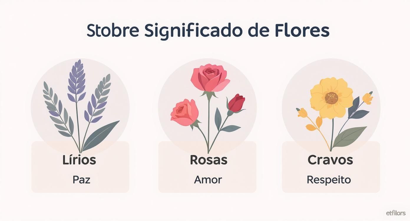 Infográfico exibindo o significado de flores: lírios para paz, rosas para amor e cravos para respeito.