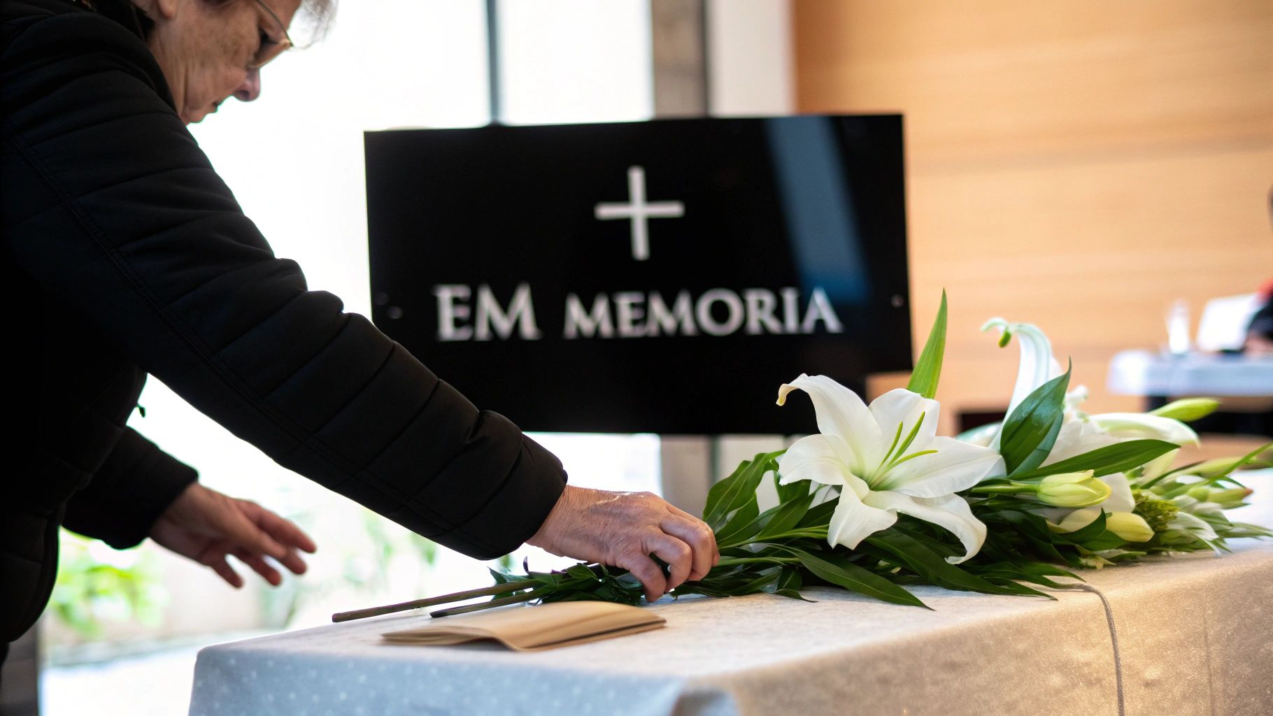 Uma pessoa coloca lírios brancos sobre uma mesa em um funeral, com um letreiro 'Em Memoria'.