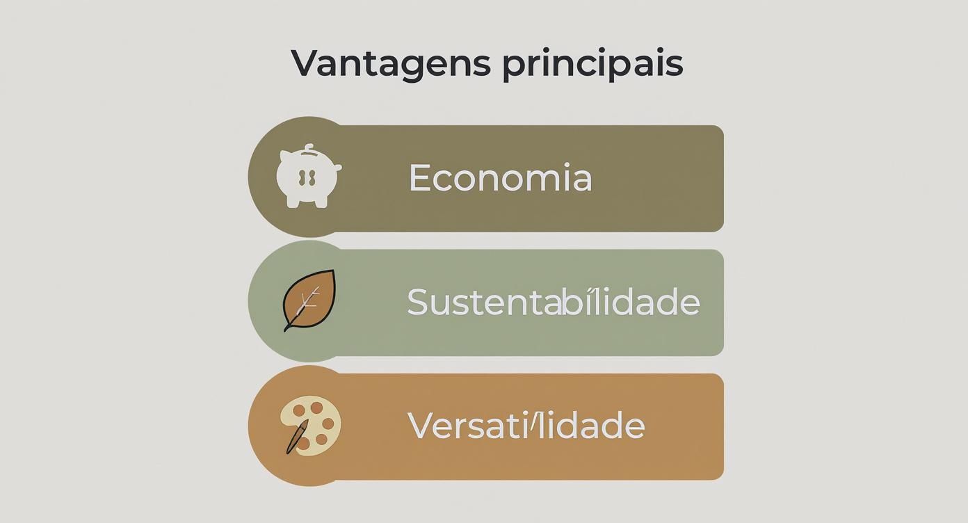 Infográfico mostrando vantagens principais: economia com ícone de porquinho, sustentabilidade com folha e versatilidade com paleta de pintura