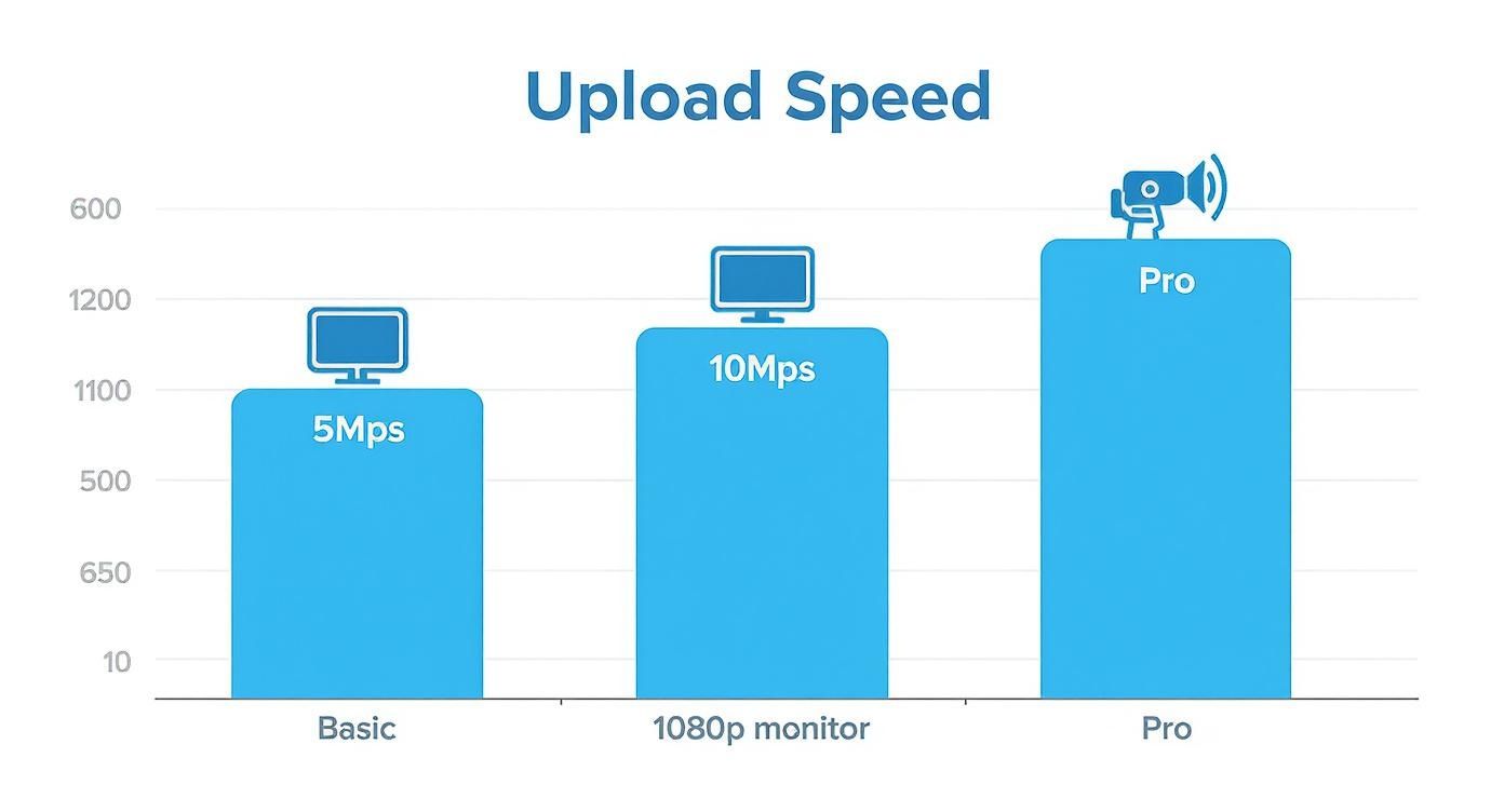Bar chart comparing upload speeds: Basic (5Mbps), 1080p monitor (10Mbps), and Pro services.
