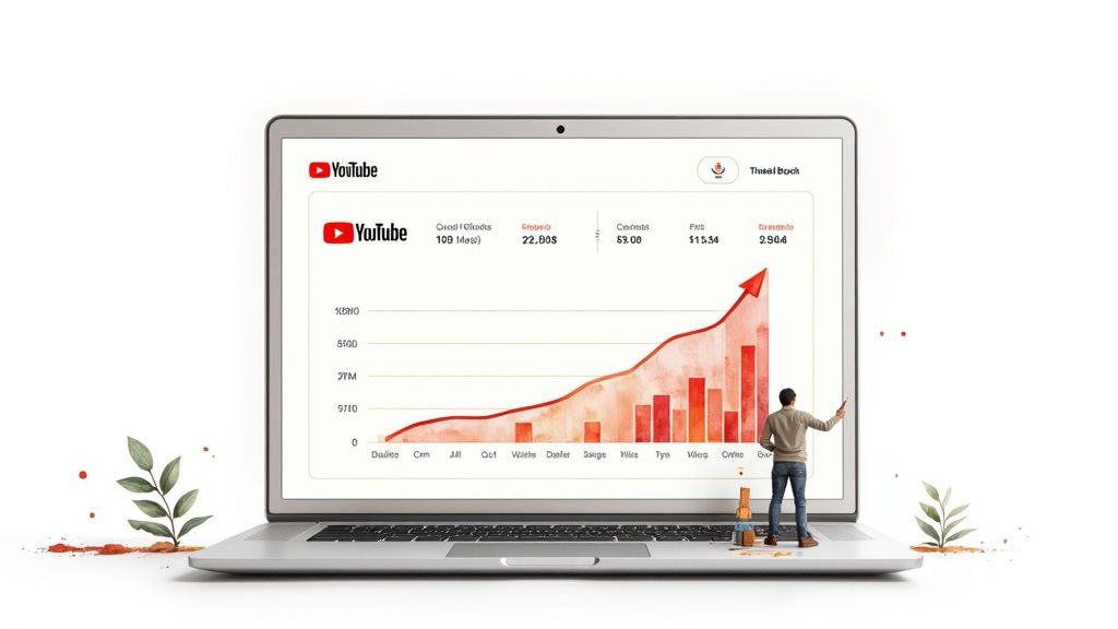 A person analyzing YouTube channel analytics on a laptop screen