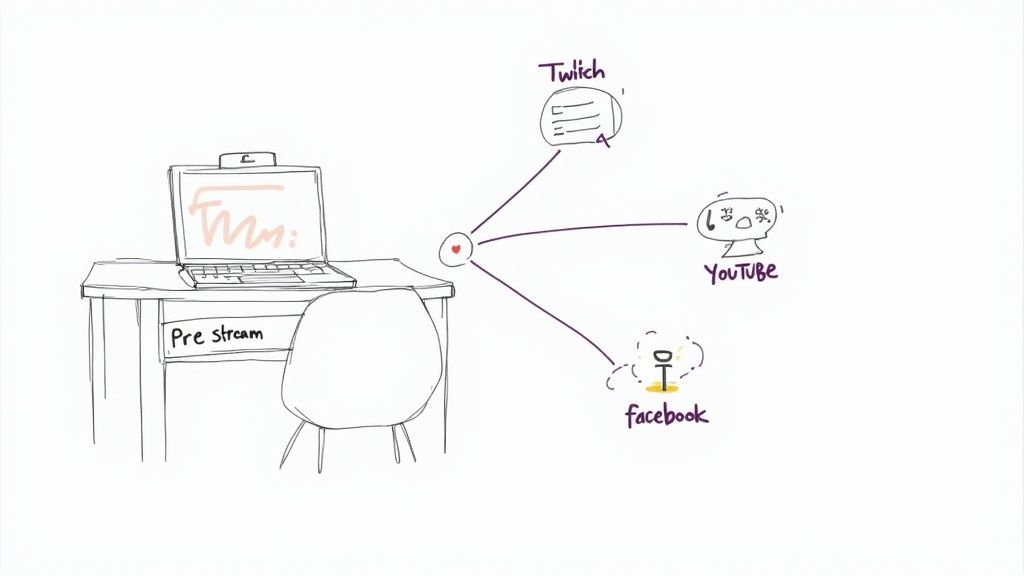 A diagram shows a laptop on a desk, connecting to Twitch, YouTube, and Facebook for multi-platform streaming.