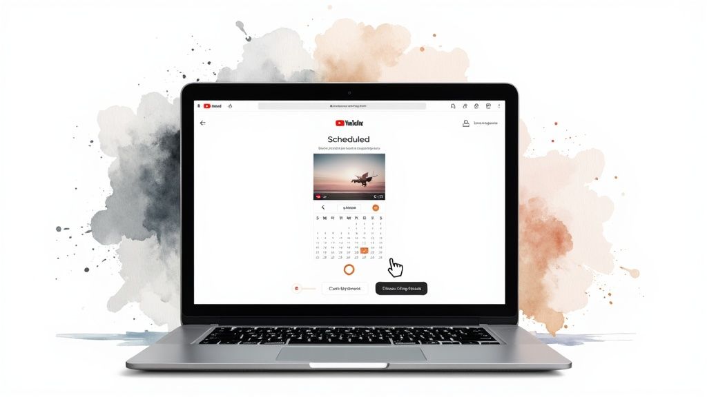 A laptop displays the YouTube video scheduling interface with a calendar and a hand cursor.