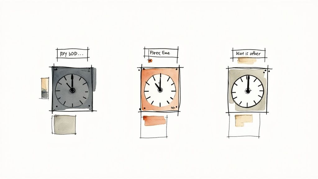Three artistic watercolor drawings of square-faced clocks with varying color schemes and text labels.