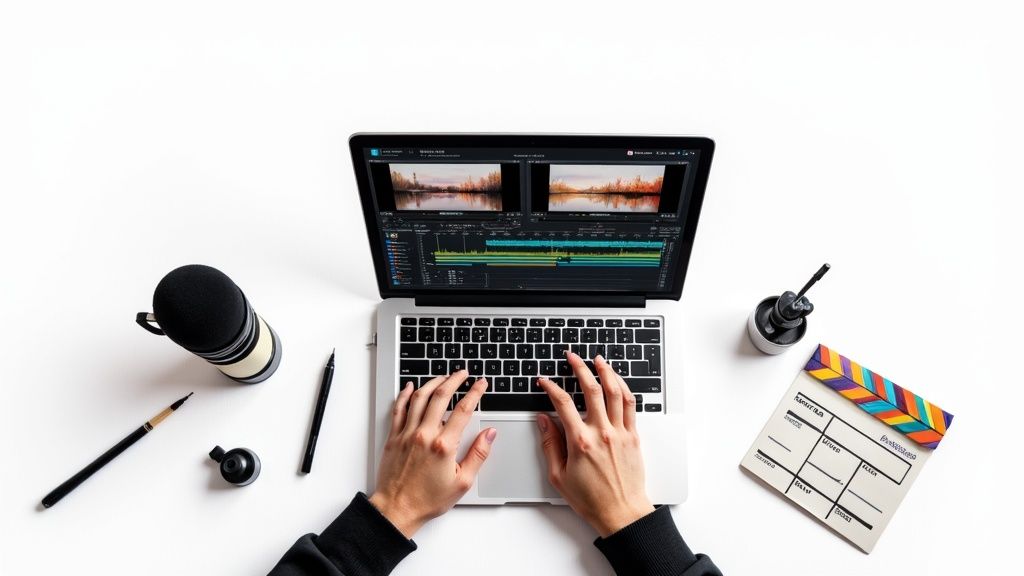 A person editing a video on a computer with a timeline and audio waveforms visible.