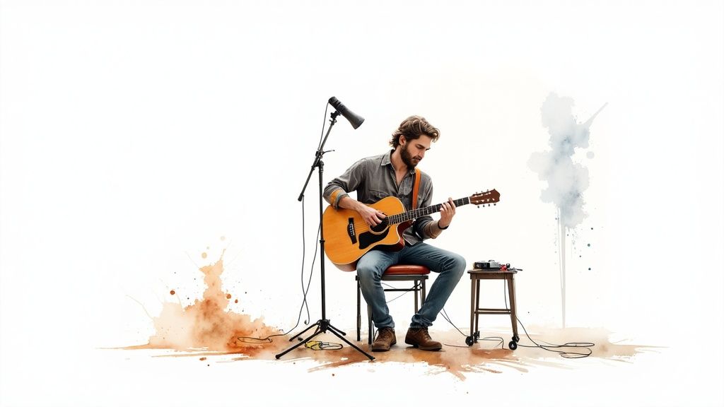 A musician playing guitar in a studio, brainstorming content ideas on a whiteboard