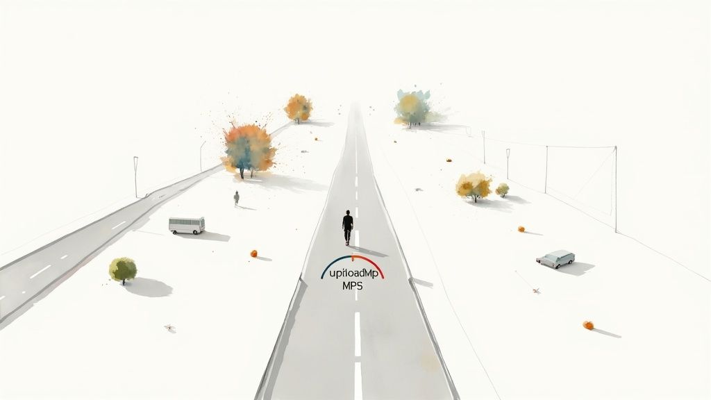 Minimalist watercolor illustration of a person walking on a road with an upload speed gauge.