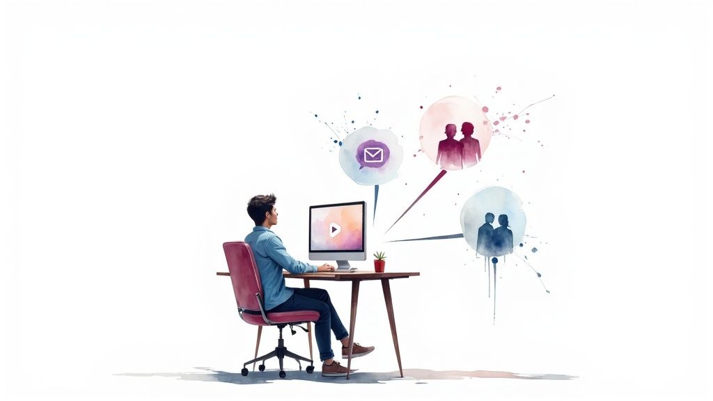 A man streams content from his computer, connected to various social and communication platforms.