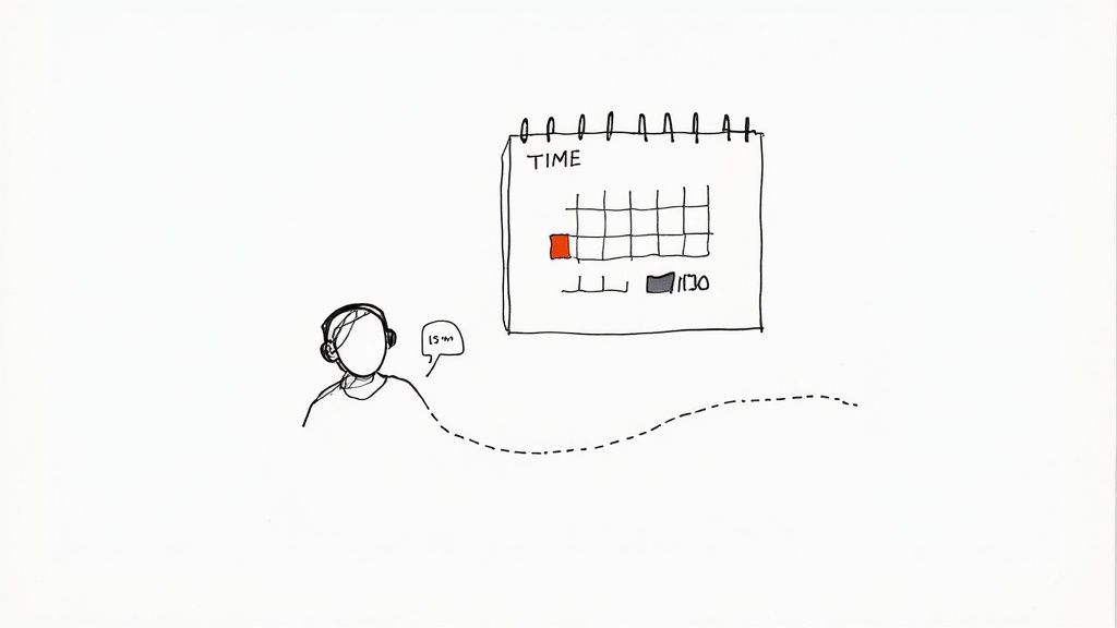 A simple sketch showing a person with headphones, thinking '15 min', connected to a calendar.
