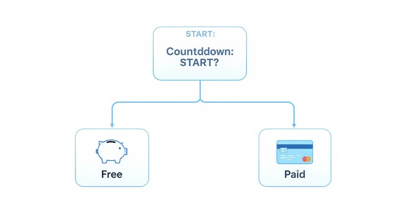Flowchart explaining countdown timer options: Start, leading to Free (piggy bank) or Paid (credit card).