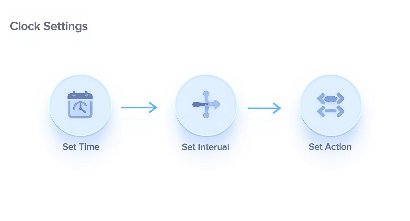 A visual flow diagram illustrating three steps for clock settings: Set Time, Set Interval, Set Action.