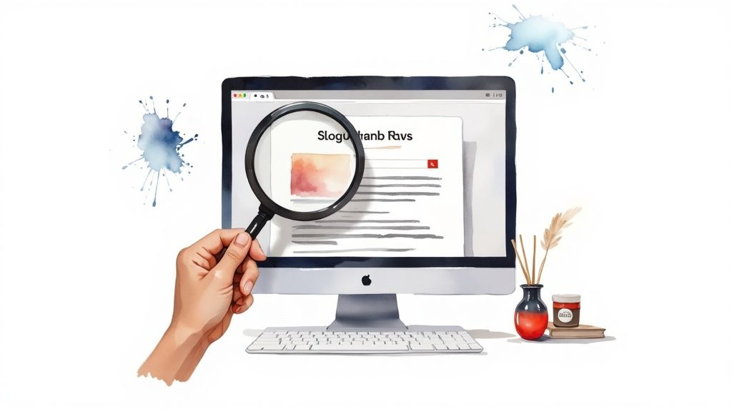 Hand holding magnifying glass over computer screen displaying blog content and search optimization