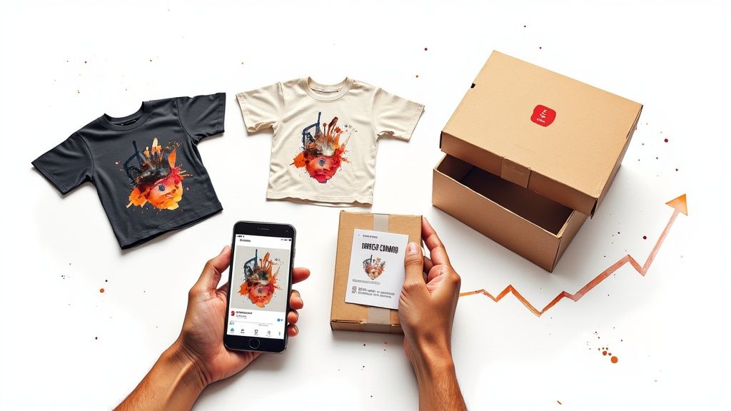 An artist designing merchandise on a laptop, with a YouTube channel in the background