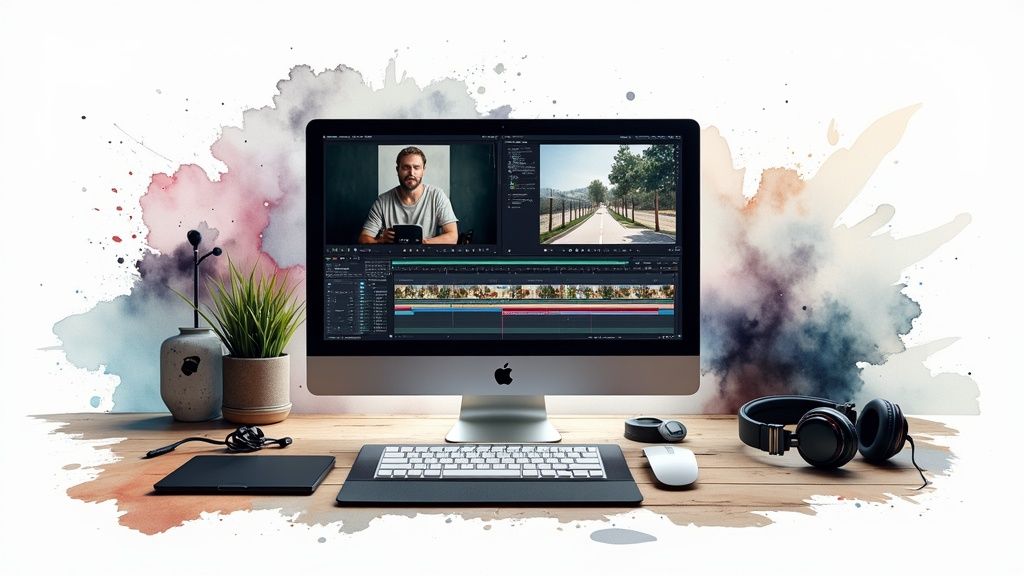 An editor working on a music video timeline in a dark room