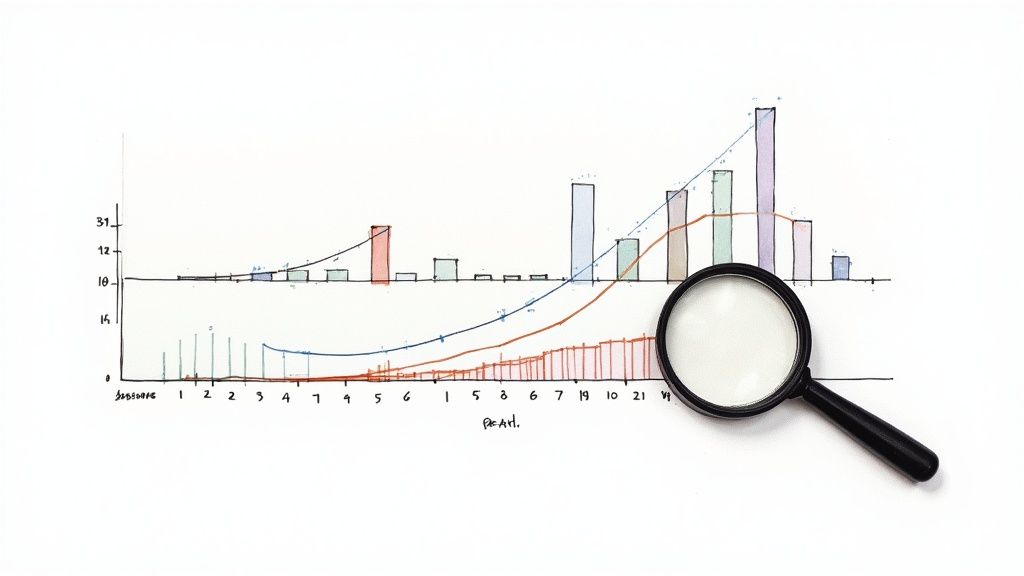 Hand-drawn bar graph and trend lines with a magnifying glass, illustrating data analysis and growth.