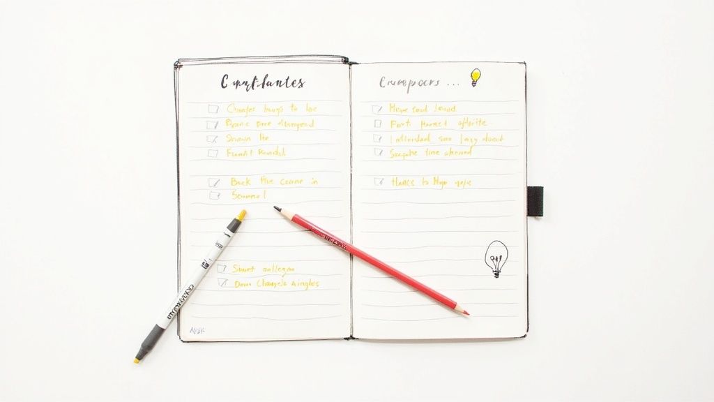 An open notebook with "Current ideas" and "New ideas" lists, accompanied by a marker and a red pencil.