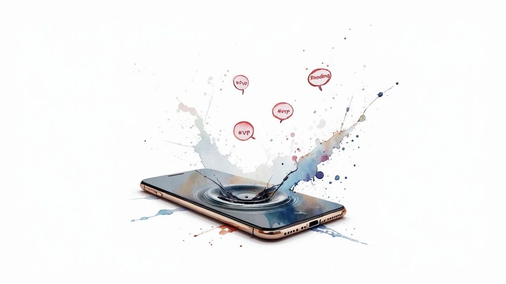 Smartphone with splashing liquid and social media hashtag icons emerging from screen