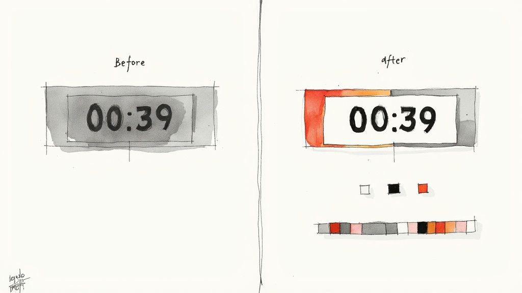 Watercolor illustration comparing a monochrome countdown clock to a colorful, customized version.