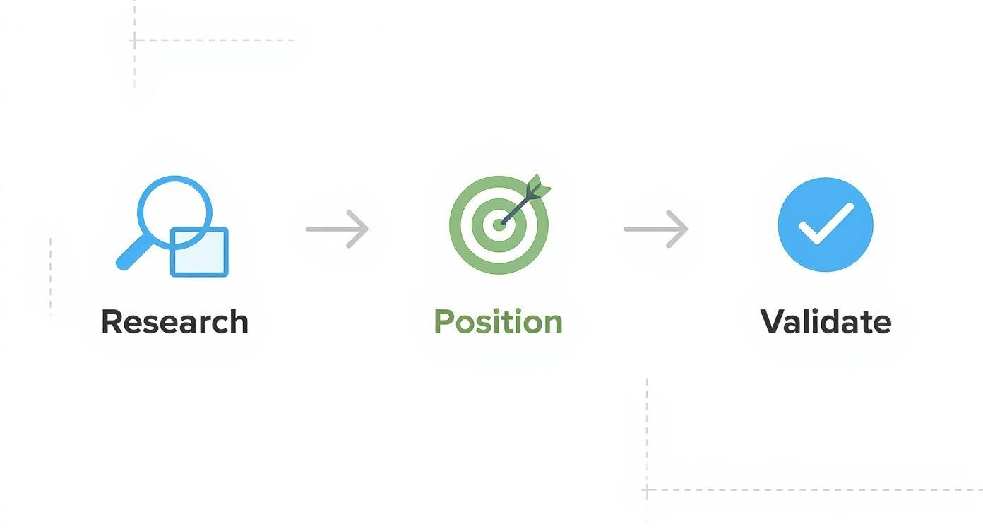 A three-step business strategy process: Research (magnifying glass), Position (target), and Validate (checkmark).