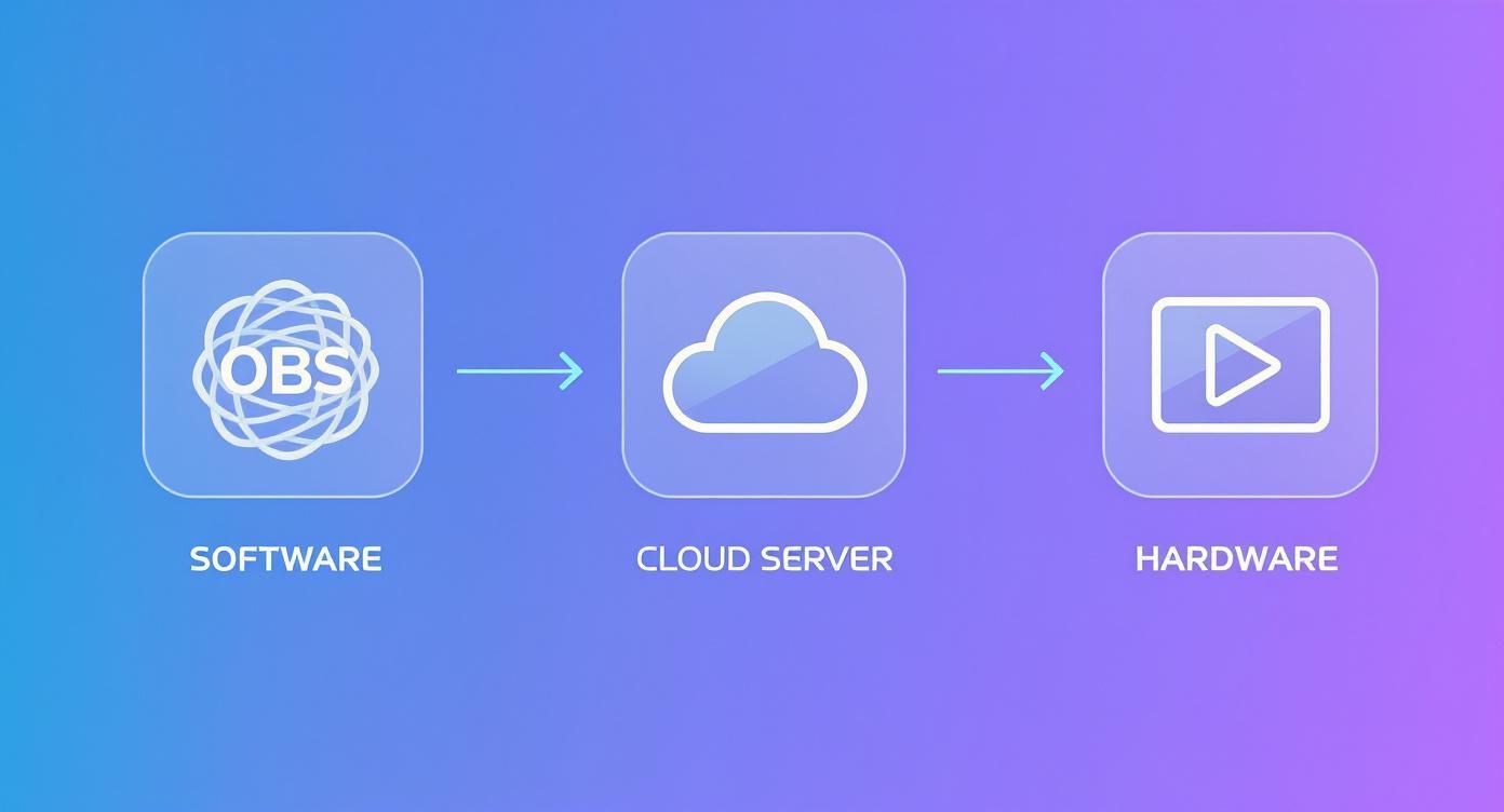 Workflow diagram showing OBS software connecting to cloud server then hardware for streaming