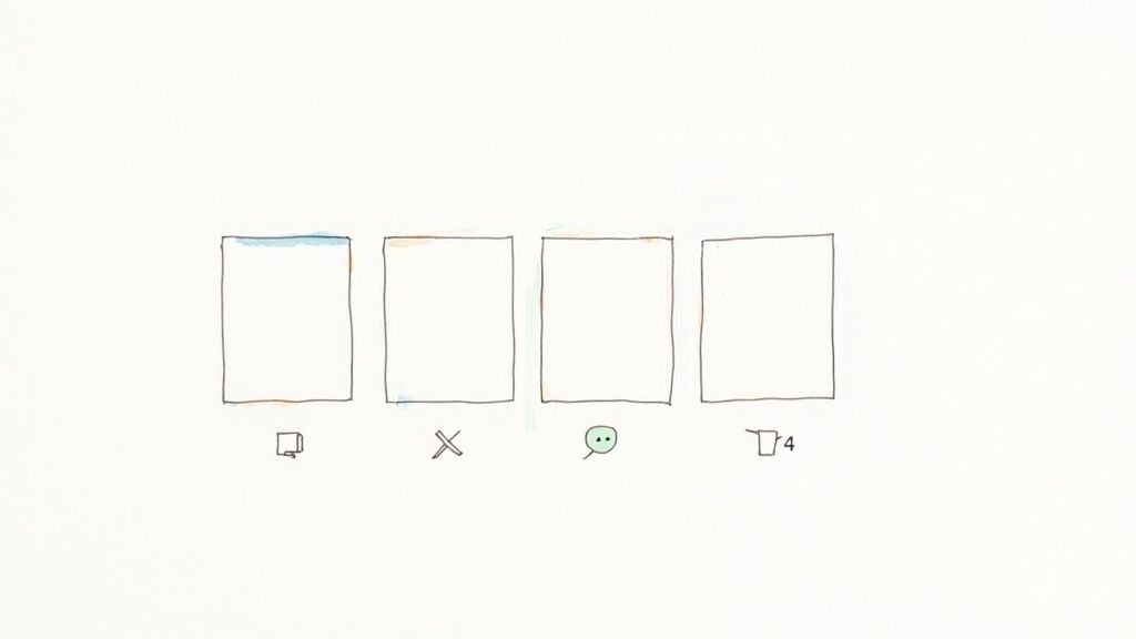 Four blank template frames with icons below showing device, close, chat, and copy functions