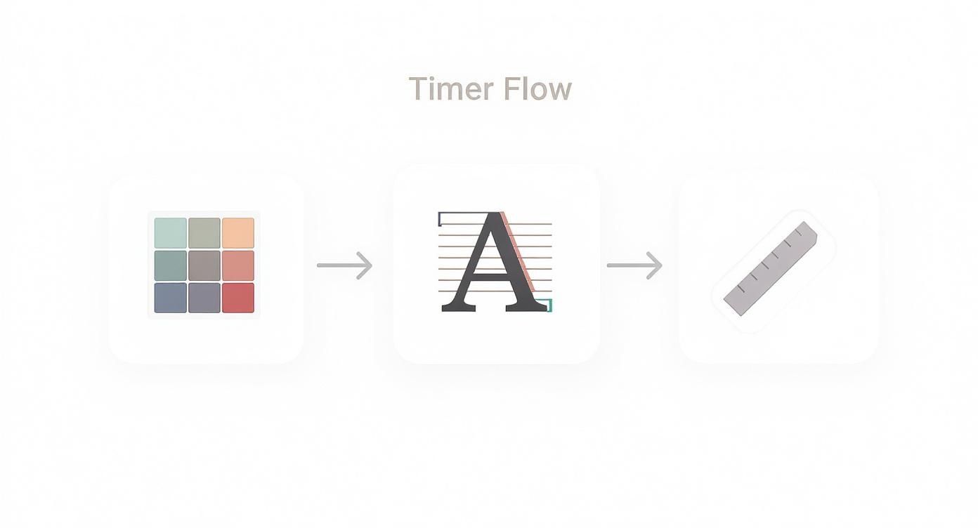 Infographic showing a 3-step design flow for a countdown timer, with icons for Colors, Font, and Size.