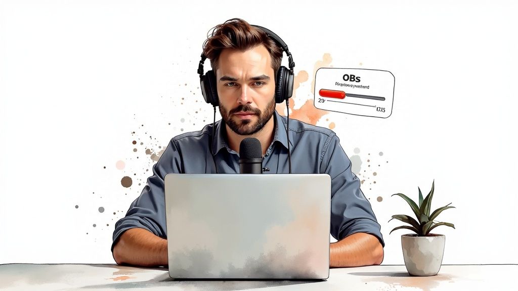 A creator at a desk looking at a YouTube video on a monitor, indicating post-upload adjustments.