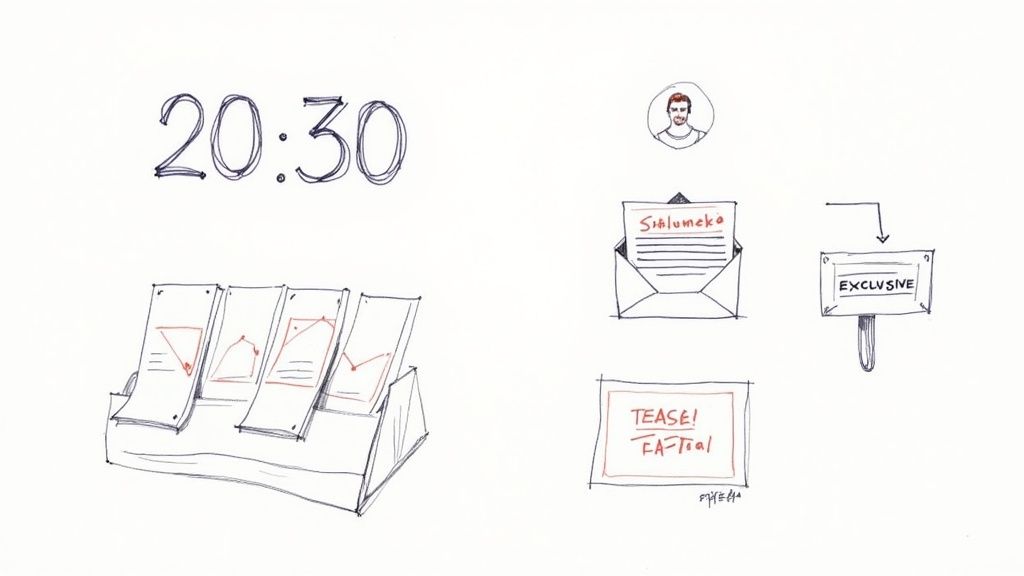 A whiteboard drawing illustrating a product launch marketing strategy with timing, analytics, email, and exclusive content.