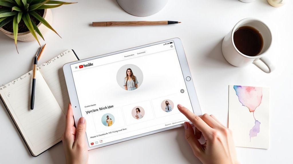 Hands holding a tablet displaying a YouTube profile page on a white desk with office items.