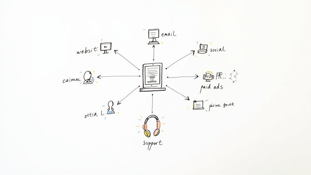 A hand-drawn diagram illustrating a central digital product connected to diverse marketing channels.